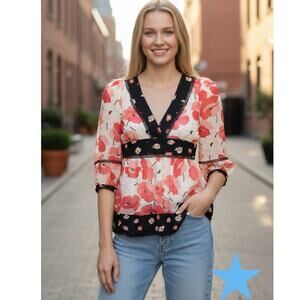 Fei Silk Coral Pink & Black Floral Top Blouse Sz 2 4 S Vintage Anthropologie Y2K